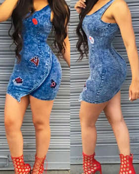 Stylish U-shaped Neck Tank Sleeveless Zipper Design Patchwork Blue Denim Sheath Mini Dress